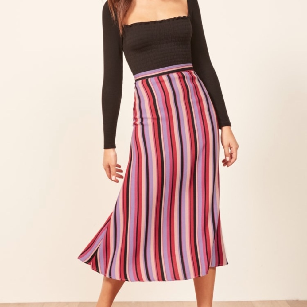 Reformation Pink Multi-Stripe Midi Skirt